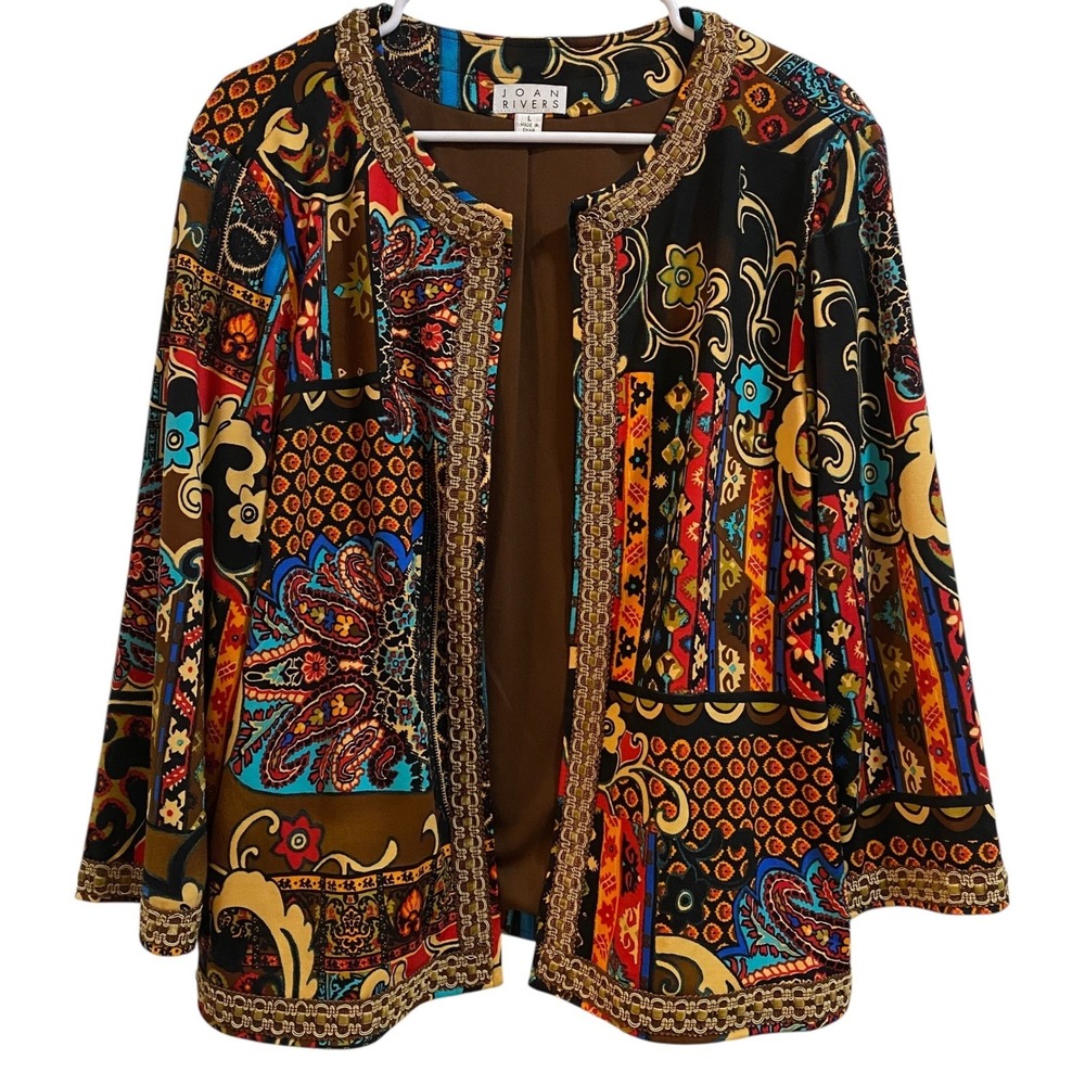 Joan‎ Rivers Large Embellished Trim Open Front Jacket Colorful Patchwork Artsy